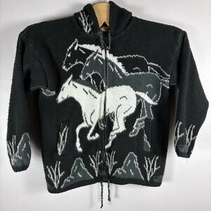 Genesis Tejidos Adult M Black White Wool Horse AOP Hooded Zip Up Sweater VTG